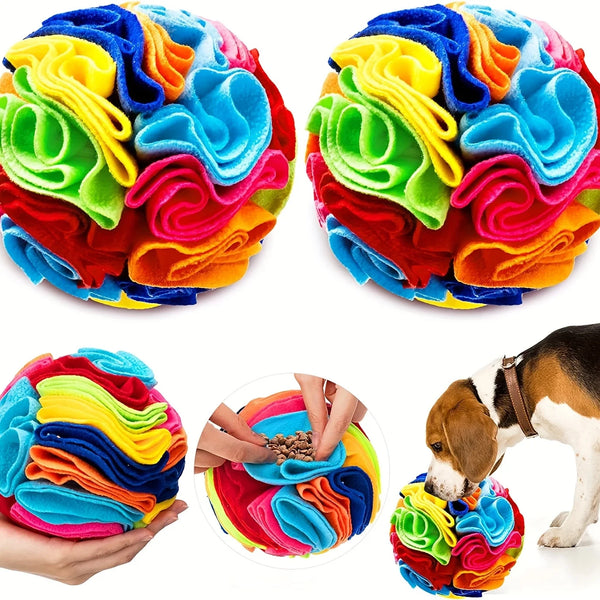 Interactive red fleece snuffle ball dog toy for treat foraging and enrichment multi color