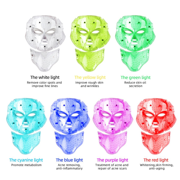 LED Light Therapy Face Mask is a 7 color led facial photon light therapy treatment for at home. Skin tightening and rejuvenation multi colored beauty treatment.