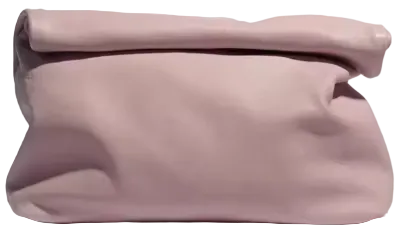 A dusty pink leather clutch bag with a folded top flap, shown against a plain white background.