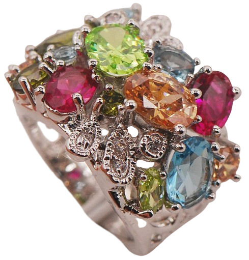 This Aquamarine Morganite Peridot Zircon Ring features a breathtaking combination of three gemstones: aquamarine, morganite, and peridot. Presenting a ring with color and sparkle.