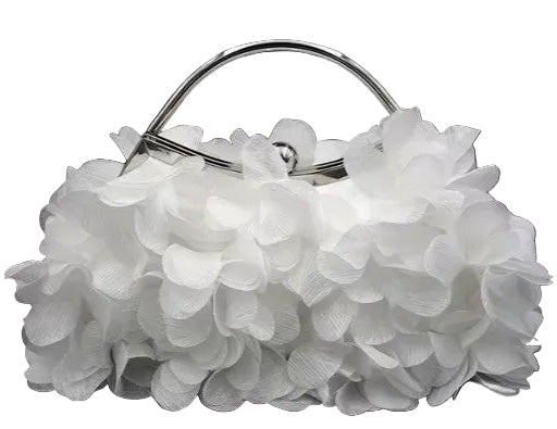 White floral handbag with silver handle on a black background