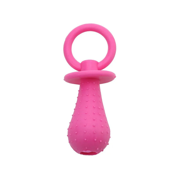 Pink baby pet teether with ring on a white background