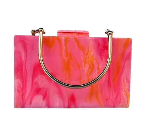Marble Orange Clutch acrylic box will fit your cards, make up and mobile phone.  Rectangular in shape. Cotton lining and various straps for cross body wear or handle.