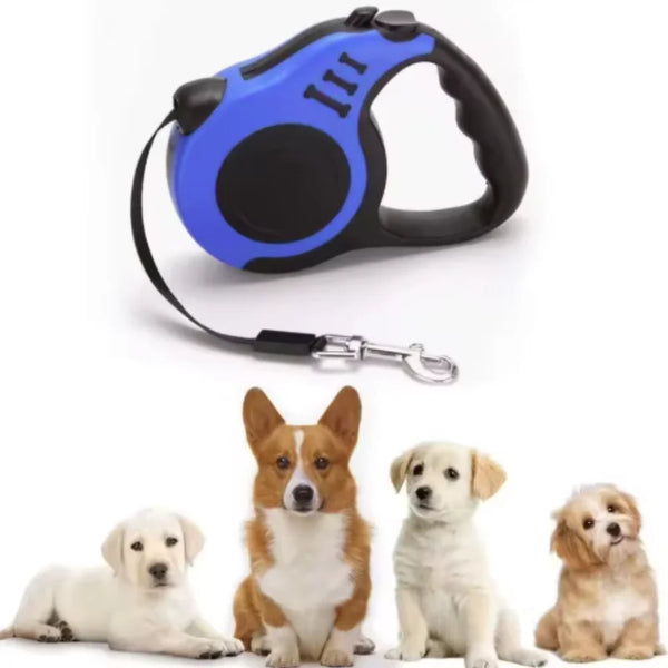 Retractable dog leash with blue casing and black handle, displayed with four dogs on a white background.