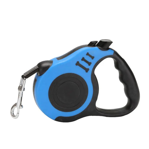 Blue and black retractable dog leash on a white background