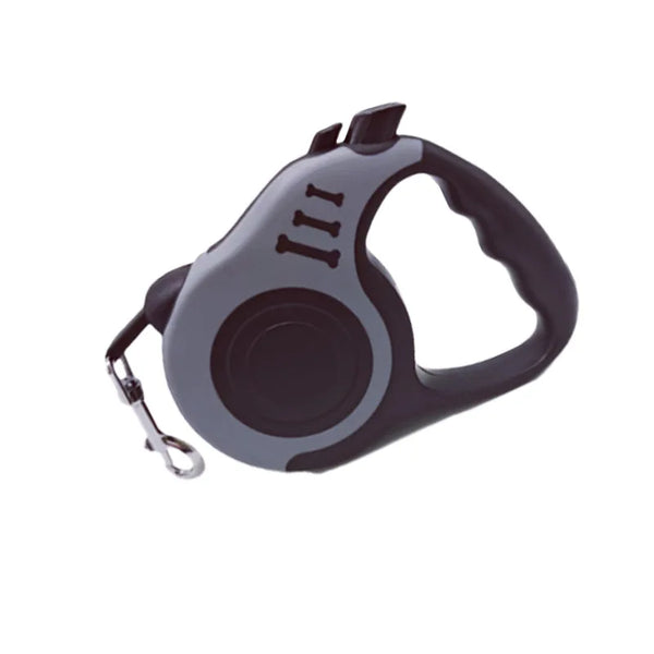 Retractable dog leash with gray handle and black strap on a white background