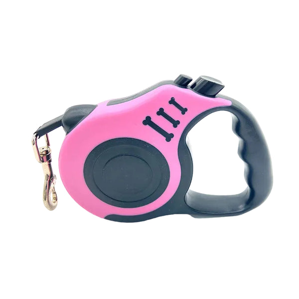 Pink and black retractable dog leash on a white background