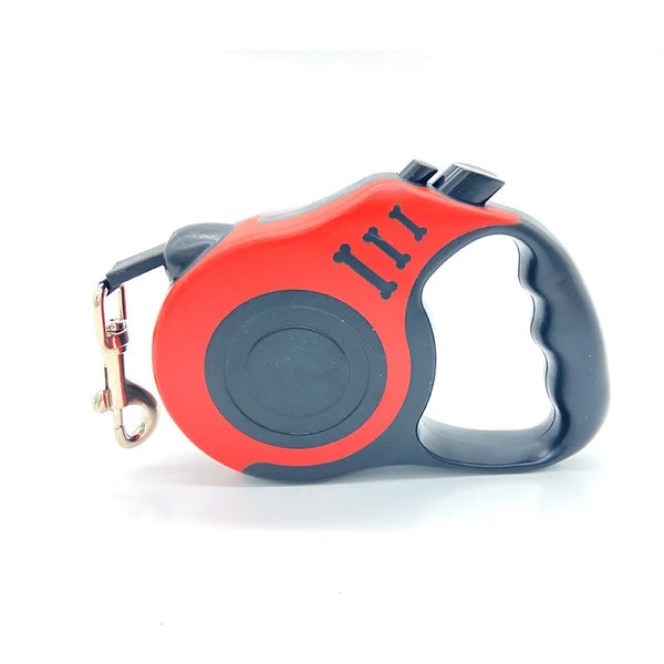 Red and black retractable dog leash on a white background