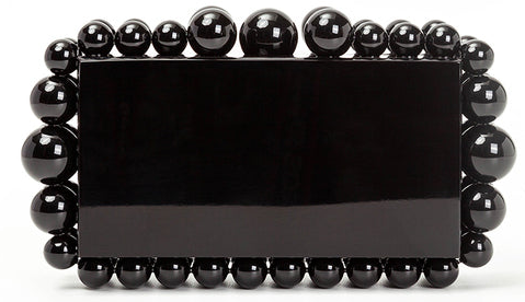 This beaded rectangle box clutch is the perfect accessory for any night out. The clutch has a sleek box silhouette and framed with large beads.