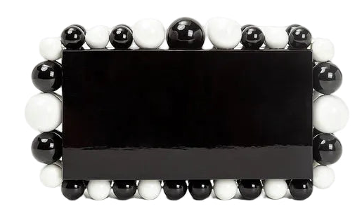 This beaded rectangle box clutch is the perfect accessory for any night out. The clutch has a sleek box silhouette and framed with large beads.
