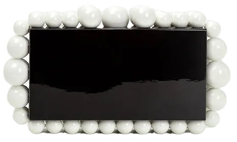This beaded rectangle box clutch is the perfect accessory for any night out. The clutch has a sleek box silhouette and framed with large beads.