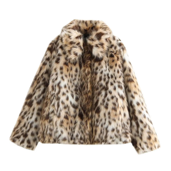 Rachel Leopard Print Faux Fur Coat - warm, lined jacket with a lapel collar and long sleeves. Front pockets. Faux fur in cream, beige and white with distinction marks and speckle detail. Straight hem.