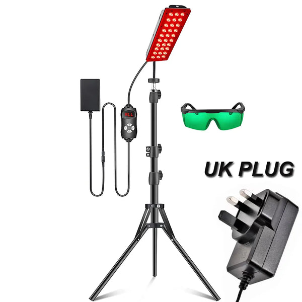This Red LED Light Lamp with Stand is an excellent health, beauty and well being solution. This practical, adjustable lamp is easy to setup. Includes glasses, remote and timer. 