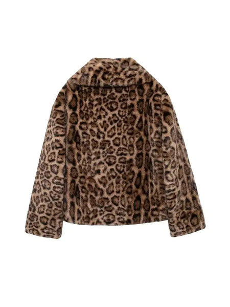 Henna Cropped Leopard Faux Fur Jacket in chocolate brown and tan. Warm, lined jacket with a lapel collar and long sleeves. Faux fur with distinction animal print and speckle detail.