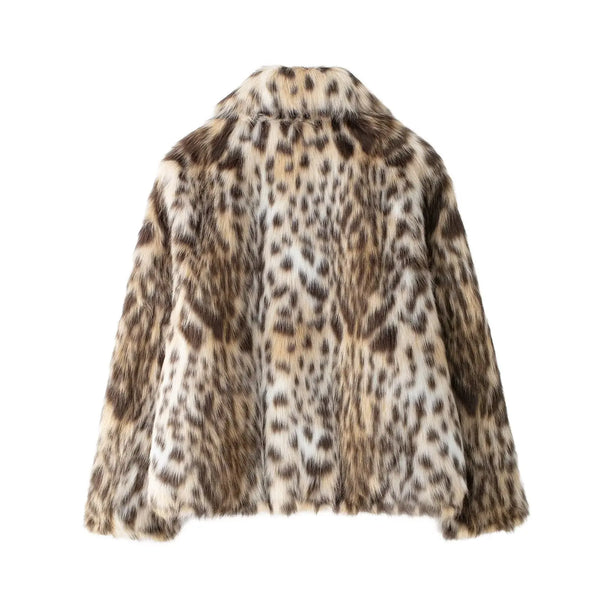 Tabitha Leopard Print Faux Fur Coat - warm, lined jacket with a lapel collar and long sleeves. Front pockets. Faux fur in cream, beige and white with distinction marks and speckle detail. Straight hem. 
