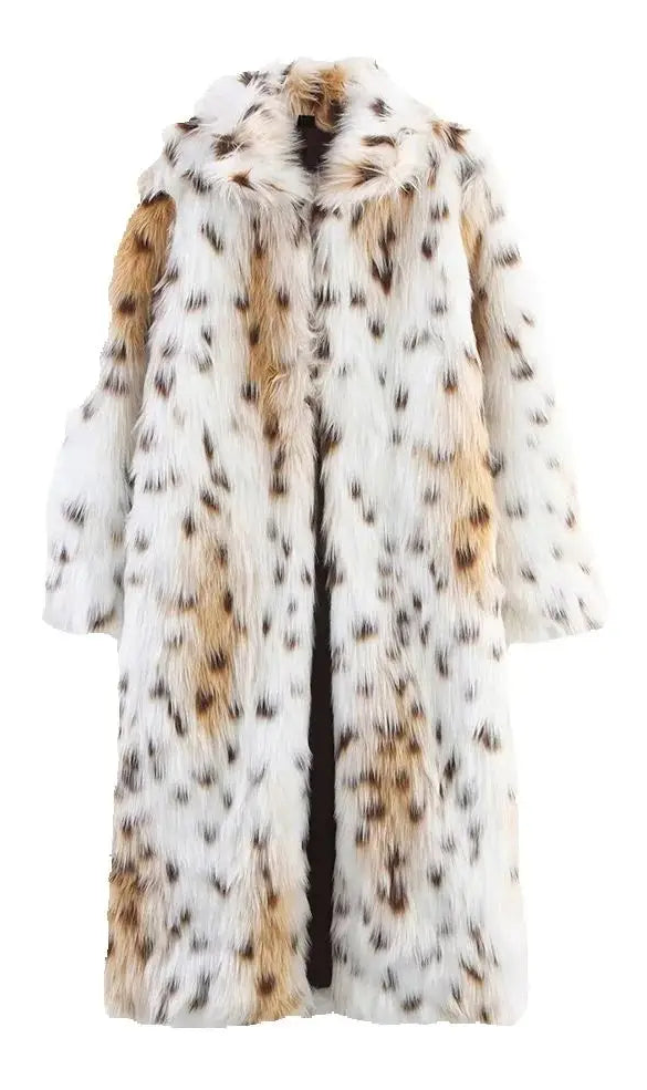 Carrie Long Leopard Faux Coat - warm, lined jacket with a lapel collar and long sleeves. Faux fur in cream, beige and white with Leopard spots. Straight hem. 