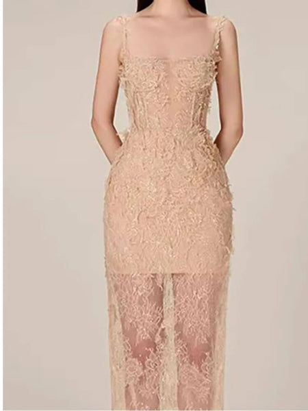 The Daisy Corset Fine Lace Sheer Dress in apricot, brings a classic, feminine style. Crafted with fine lace, the corseted camisole, waist cinches you in. Spaghetti straps.