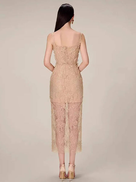 The Daisy Corset Fine Lace Sheer Dress in apricot, brings a classic, feminine style. Crafted with fine lace, the corseted camisole, waist cinches you in. Spaghetti straps.