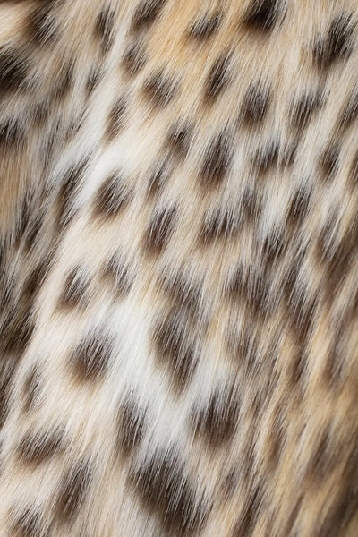 Tabitha Leopard Print Faux Fur Coat - warm, lined jacket with a lapel collar and long sleeves. Front pockets. Faux fur in cream, beige and white with distinction marks and speckle detail. Straight hem. 