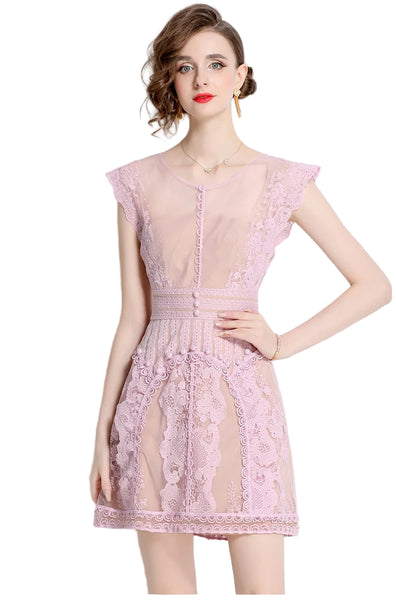 The Beatrice Lavender Lace Dress features delicate lace and embroidered florals, offering a romantic, refined silhouette perfect for special occasions or elevated everyday wear.