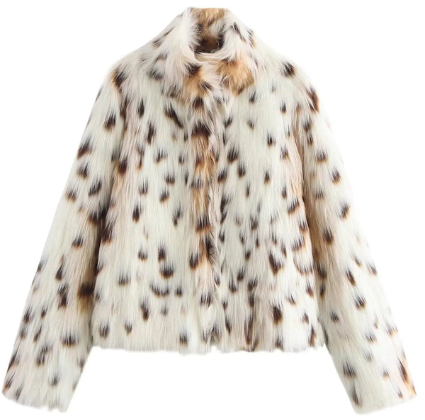 Rachel Leopard Print Faux Fur Coat - warm, lined jacket with a lapel collar and long sleeves. Front pockets. Faux fur in cream, beige and white with distinction marks and speckle detail. Straight hem.