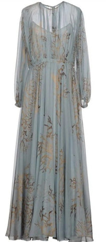 Athena Chiffon Pale Blue Long Dress. Its vintage-inspired long sleeve design is crafted from sheer chiffon with fitted bodice.