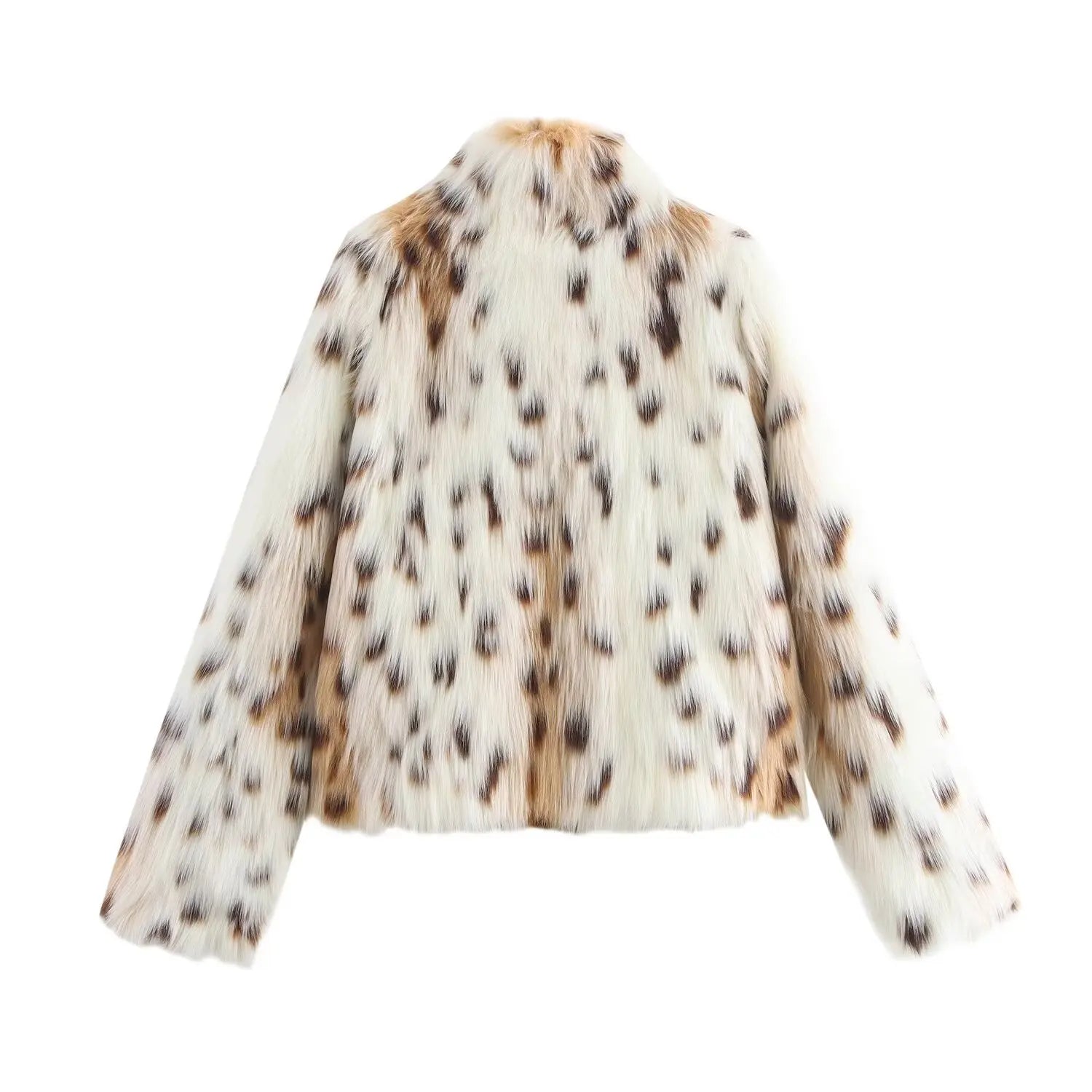 Rachel Leopard Print Faux Fur Coat - warm, lined jacket with a lapel collar and long sleeves. Front pockets. Faux fur in cream, beige and white with distinction marks and speckle detail. Straight hem.
