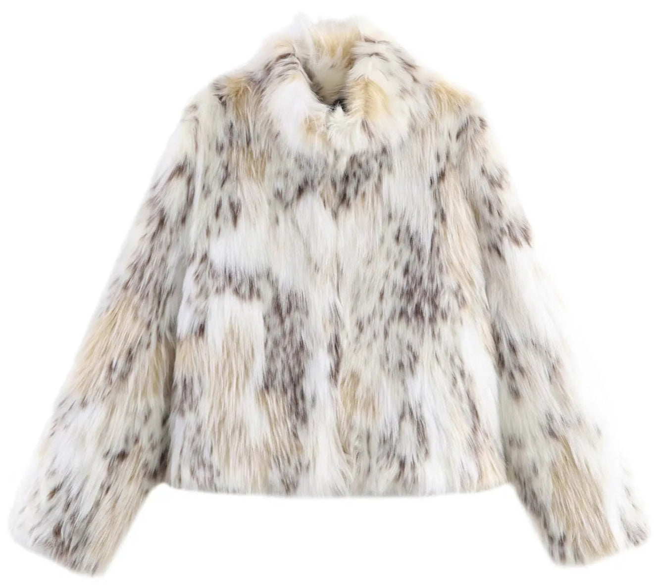 Snow Leopard Faux Fur Jacket stylised for you. Warm, lined jacket with a lapel collar and long sleeves. Front pockets. Faux fur in cream, beige and white with distinction animal print marks and appliqué detail. 