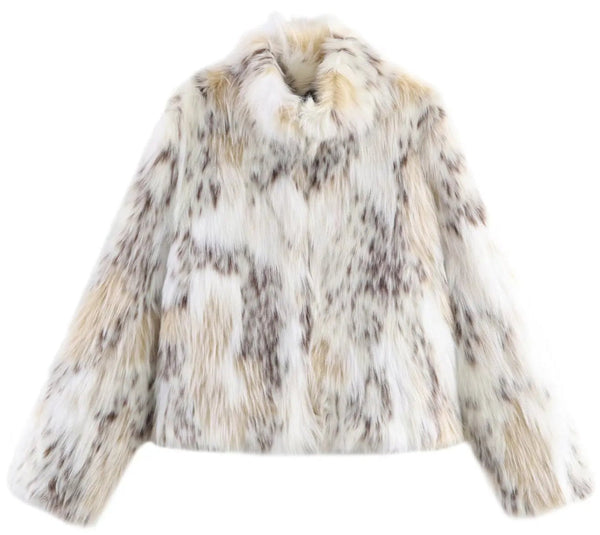 Snow Leopard Faux Fur Jacket stylised for you. Warm, lined jacket with a lapel collar and long sleeves. Front pockets. Faux fur in cream, beige and white with distinction animal print marks and appliqué detail. 