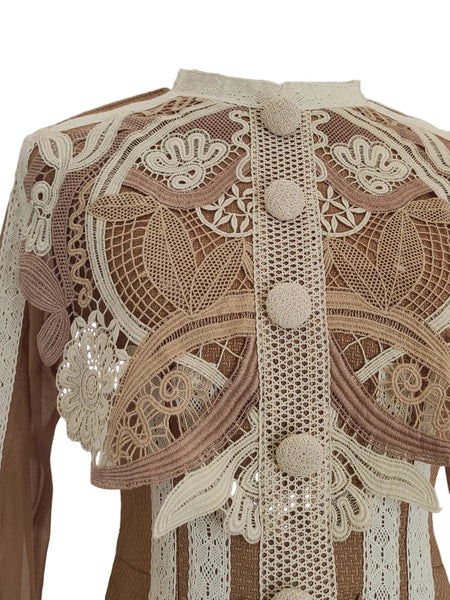 Selma Toffee Dress is a chic A line mini with classic collar, sheer sleeves & warm embroidered tones. Effortless day to evening elegance.