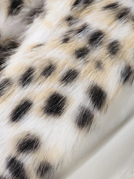 Leopard Print Faux Fur Jacket stylised for you. Warm, lined jacket with a lapel collar and long sleeves. 