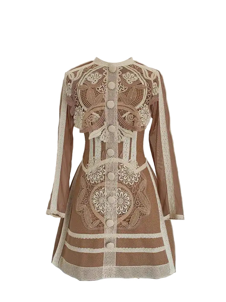 Selma Toffee Dress is a chic A line mini with classic collar, sheer sleeves & warm embroidered tones. Effortless day to evening elegance.