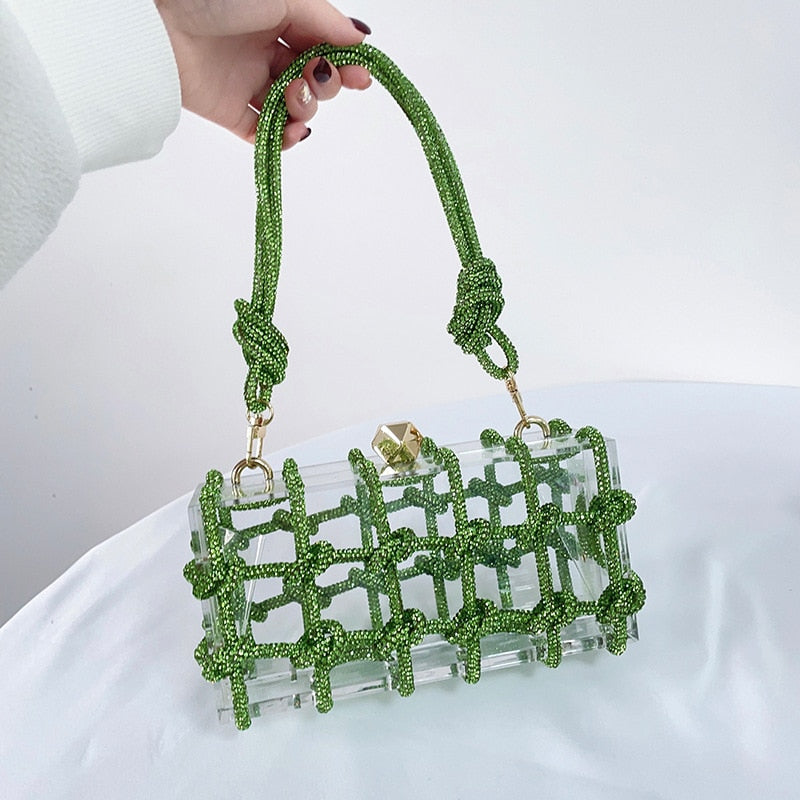 Treat yourself to this piece of art, clear acrylic box clutch, wrapped in knotted glitter rope. Finished with crystalline shaped clasp. Bag suitable for Wedding, Evening, Party or even special day occassions.