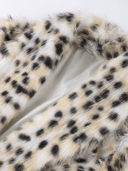 Leopard Print Faux Fur Jacket stylised for you. Warm, lined jacket with a lapel collar and long sleeves. 