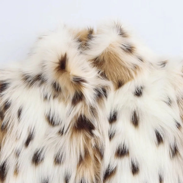 Rachel Leopard Print Faux Fur Coat - warm, lined jacket with a lapel collar and long sleeves. Front pockets. Faux fur in cream, beige and white with distinction marks and speckle detail. Straight hem.
