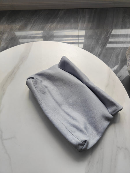 Stunning light gray soft genuine leather folded envelope day clutch bag. A range of gorgeous colours including apple green, lilac, turquoise beige, tan and silver.