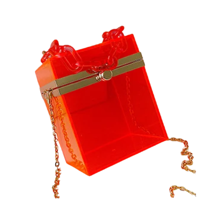 This Square Colored Acrylic Box Bag is very cool. It's a transparent acrylic square box tiny bag. In gorgeous colored acrylics. Also comes with hand chain and crossbody silver chain.