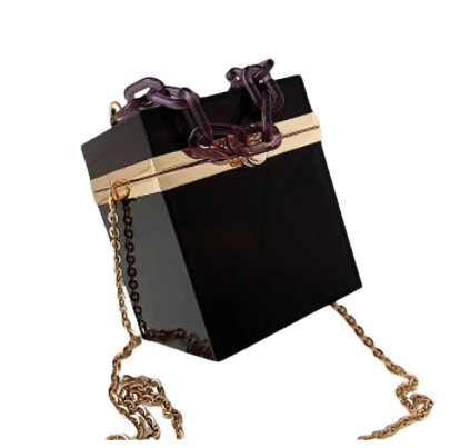 This Square Colored Acrylic Box Bag is very cool. It's a transparent acrylic square box tiny bag. In gorgeous colored acrylics. Also comes with hand chain and crossbody silver chain.