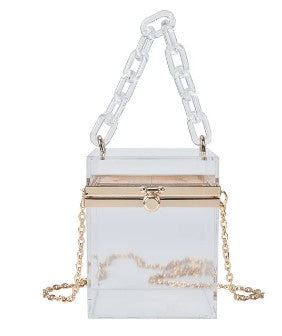 This Square Colored Acrylic Box Bag is very cool. It's a transparent acrylic square box tiny bag. In gorgeous colored acrylics. Also comes with hand chain and crossbody silver chain.