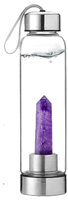 Crystal infused glass water bottle with stainless steel and quartz crystals. BPA-free, eco-friendly, with carry strap—perfect for gym, yoga, and daily use.