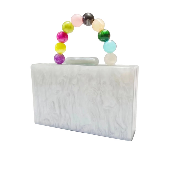 Rectangle Bead Clutch will fit your cards, make up and mobile phone. Easy to stand, store and clean. Beautiful, luxury evening and day purse. Fully Lined with single solid beaded handle. 