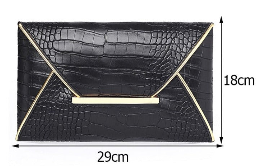 The Snake Pattern Envelope Clutch Sis a flat, lined envelope clutch bag with colored alligator snake pattern. Magnetic metal tab closure. In 100 Percent PU eco leather.