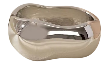 This large bangle bracelet features a striking geometric design in silver and gold tones, offering a modern and versatile accessory for any outfit. 