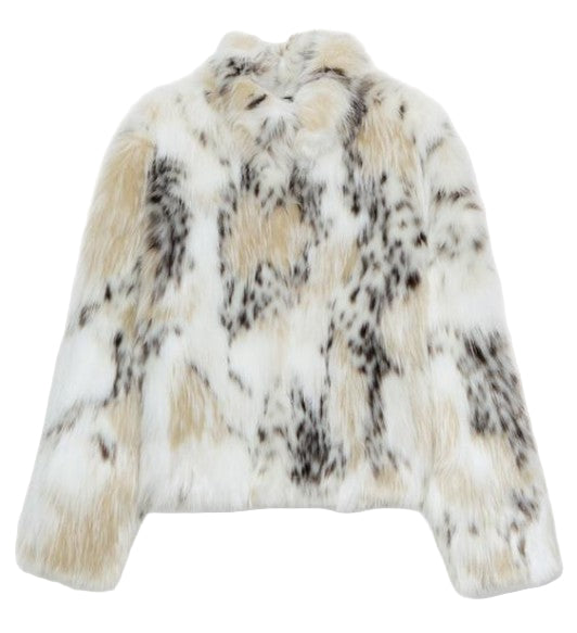 Snow Leopard Faux Fur Jacket stylised for you. Warm, lined jacket with a lapel collar and long sleeves. Front pockets. Faux fur in cream, beige and white with distinction animal print marks and appliqué detail. 