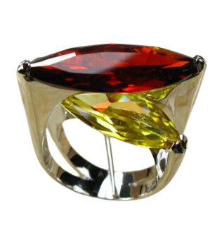 Yellow Bird ring is a bright dress ring for party season + every delightful place. Large deep red garnet  + citrine coloured zircon. Prong setting, crossed fine oblong stones.