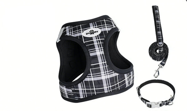 Tartan dog harness with matching leash in a classic plaid design