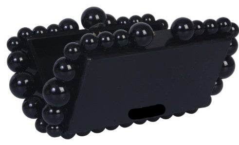 This beaded rectangle box clutch is the perfect accessory for any night out. The clutch has a sleek box silhouette and framed with large beads.