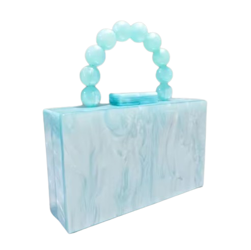 Light blue marble-textured handbag with beaded handle on a white background
