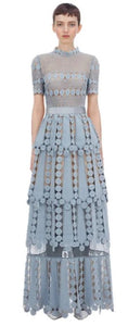 Chantille Heavy Lace Long Summer Evening Dress is a powder blue long luxury sheer heavy embroidered, vintage lace with mandarin collar scalloped hem evening dress