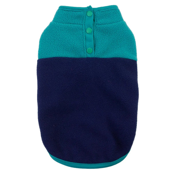 Two-tone blue pet sweater with buttons on a white background